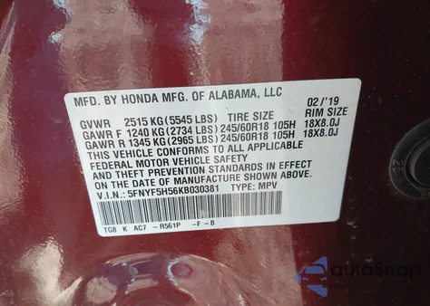 2019 Honda Pilot Ex-L z USA, uszkodzony, nr VIN 5FNYF5H56KB030381